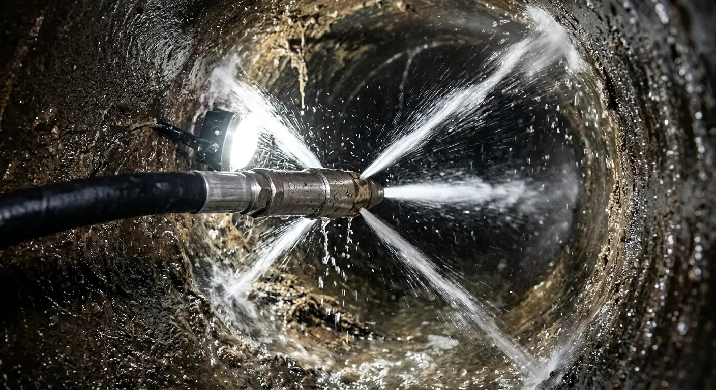 High-pressure hydro jetting nozzle cleaning sewer pipe for Trenchless Sewer Repair in Blackstone