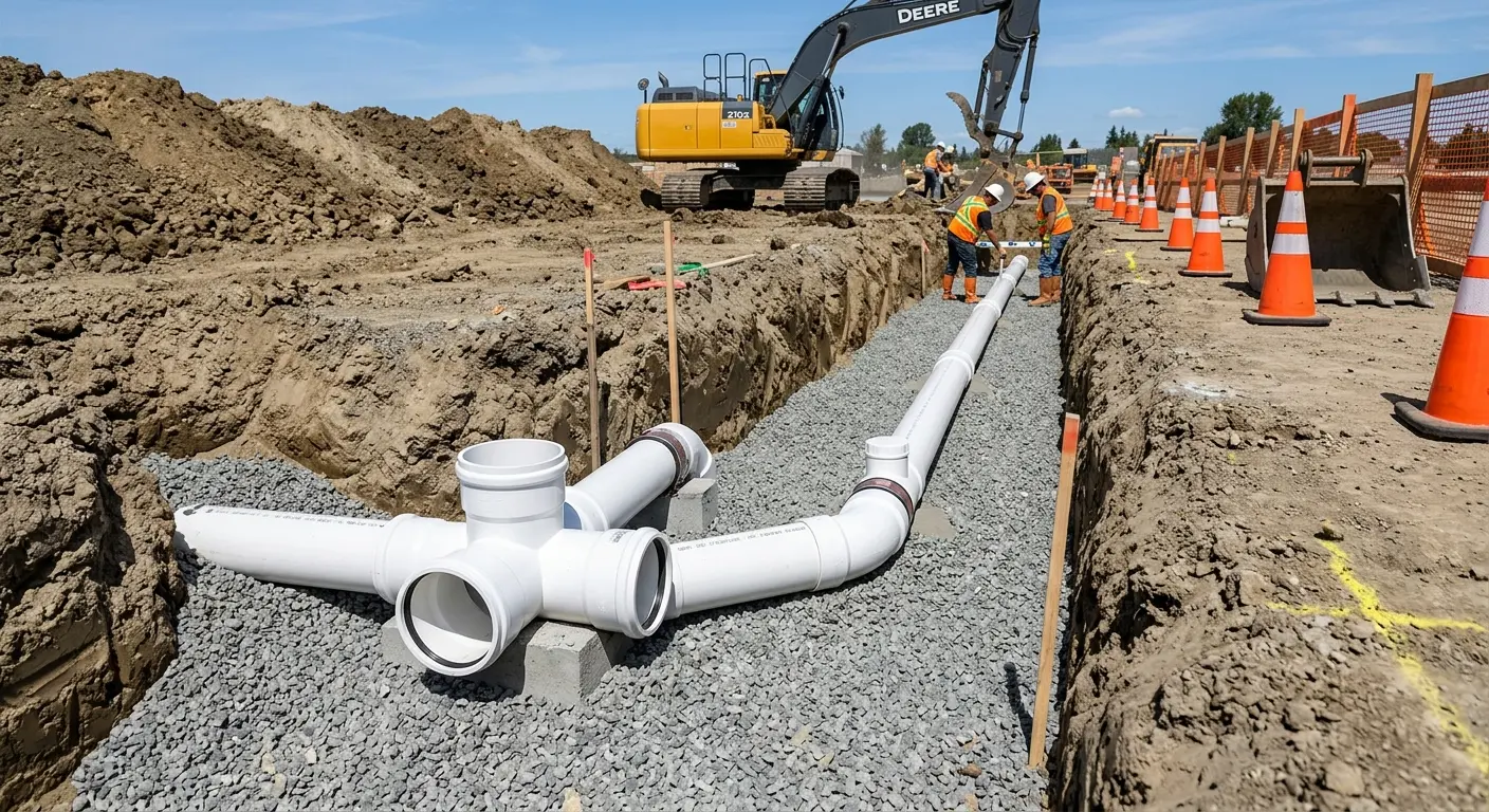 New PVC sewer pipe installation in open trench for Commercial Drain Cleaning in Blackstone
