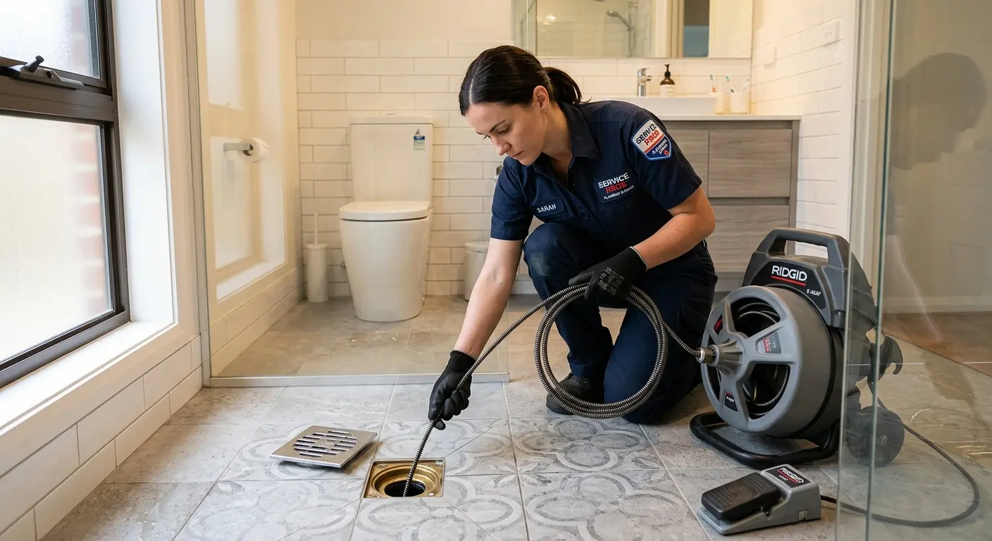 Technician clearing a bathroom floor drain for Clogged Drain Repair in Blackstone